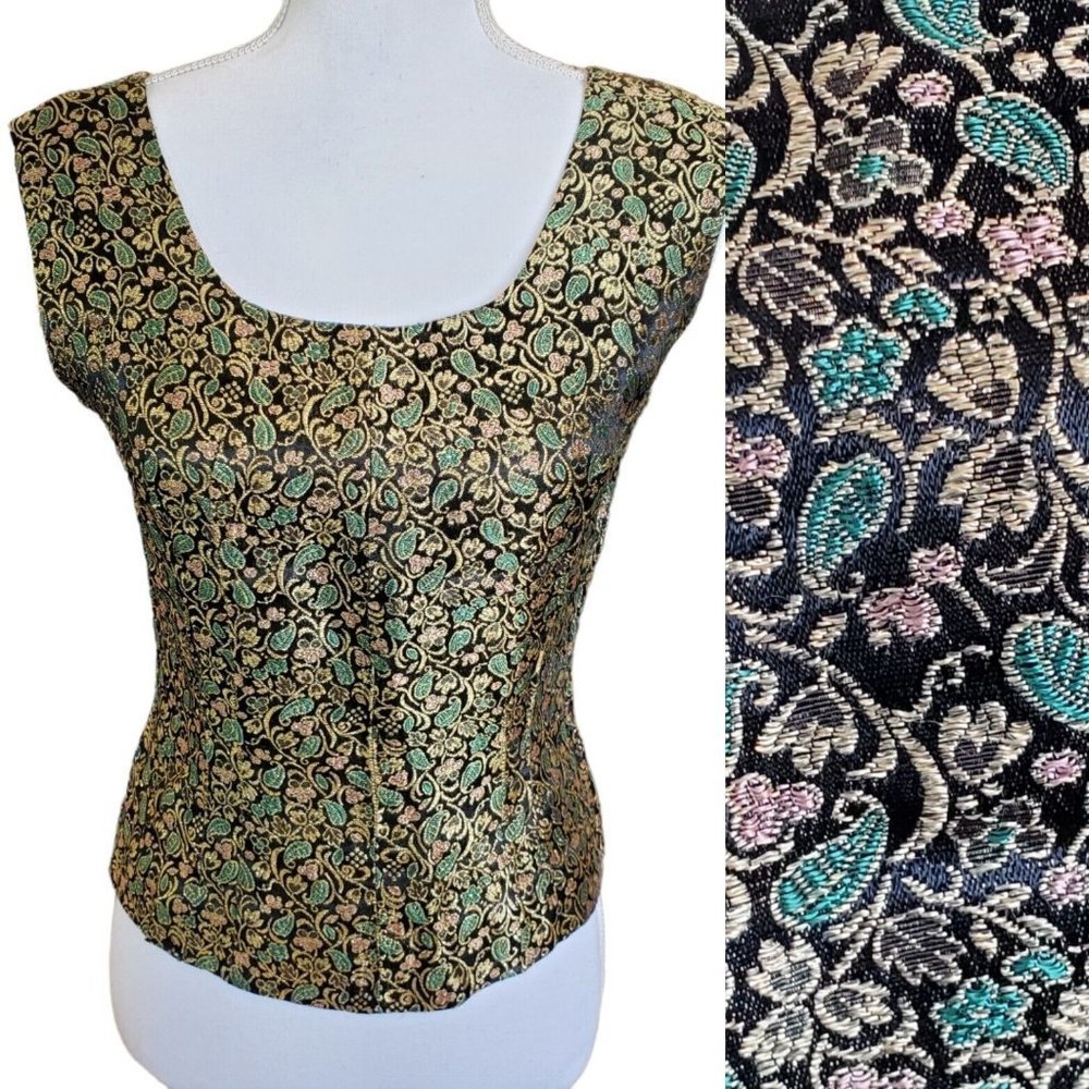 Vintage 40s Green Floral‎ Metallic Sleeveless Top Side Zip Gold Black XS/S